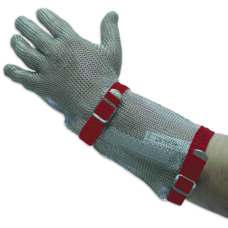 RO-Guante largo color rojo ambidiestro, talla M, 5 dedos, malla de acero inox.