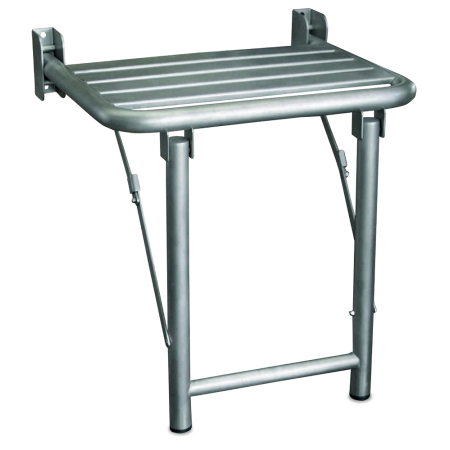 Asiento abatible inox con apoyo a suelo a suelo 450 mm. Dimensiones: 450x410x455 mm.